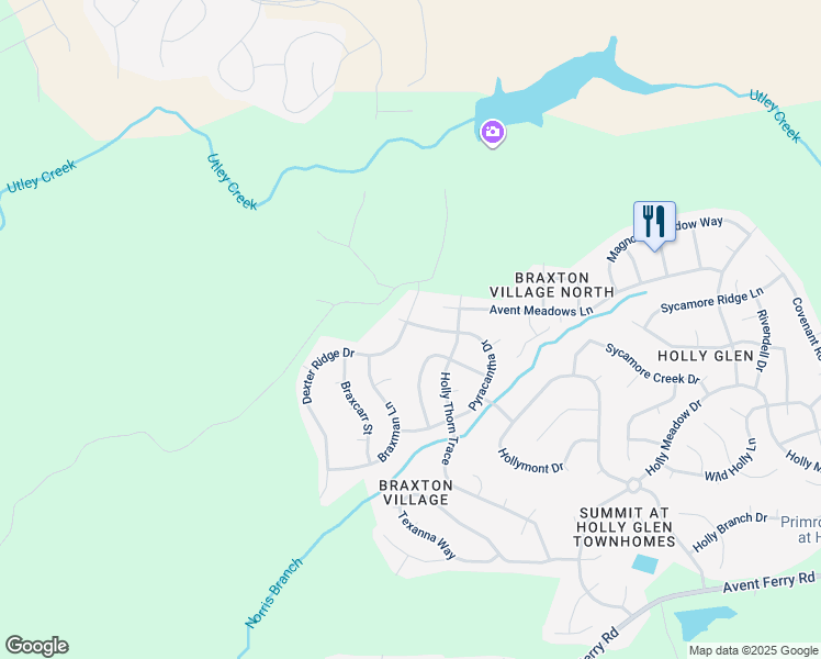 map of restaurants, bars, coffee shops, grocery stores, and more near 1437 Dexter Ridge Drive in Holly Springs