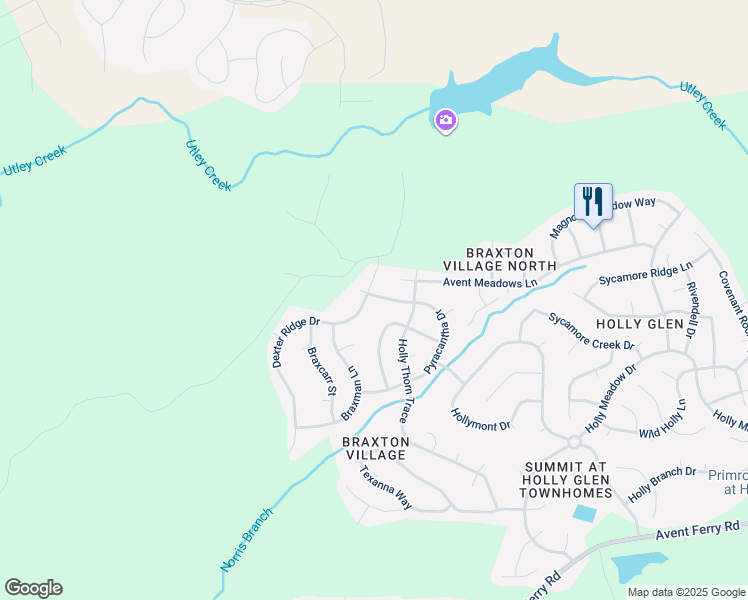 map of restaurants, bars, coffee shops, grocery stores, and more near 1437 Dexter Ridge Drive in Holly Springs