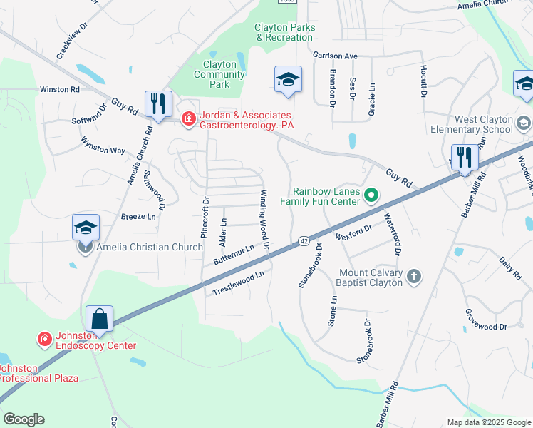 map of restaurants, bars, coffee shops, grocery stores, and more near 309 Winding Wood Drive in Clayton