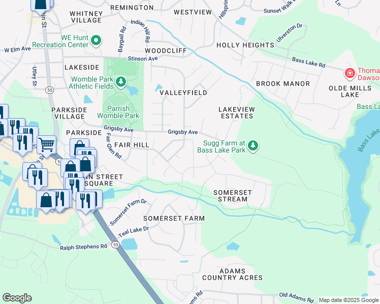 map of restaurants, bars, coffee shops, grocery stores, and more near 116 Cassada Court in Holly Springs
