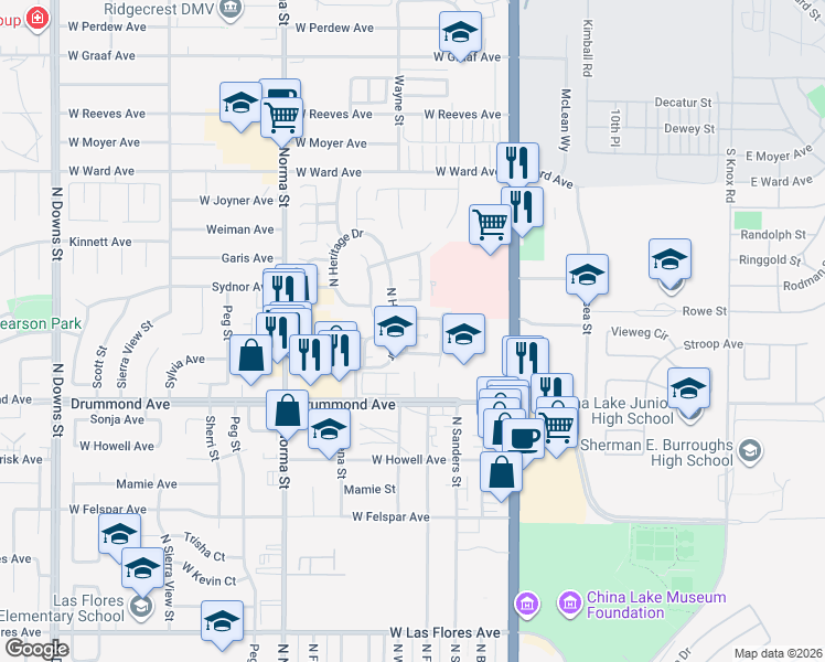map of restaurants, bars, coffee shops, grocery stores, and more near 224 Washington Way in Ridgecrest