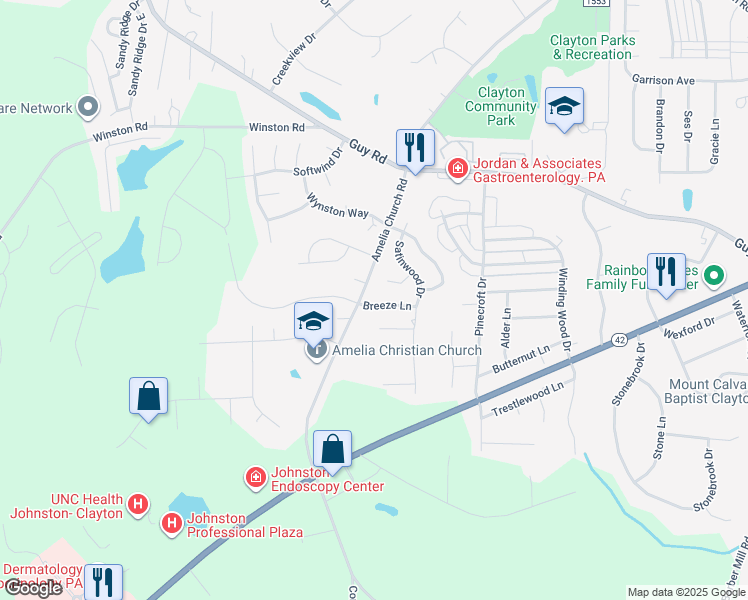 map of restaurants, bars, coffee shops, grocery stores, and more near 1028 Breeze Lane in Clayton