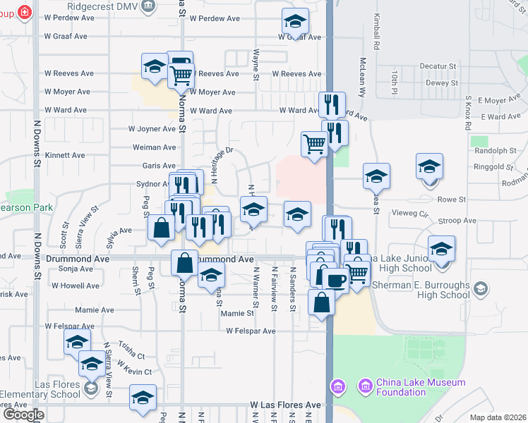 map of restaurants, bars, coffee shops, grocery stores, and more near 230 Kennedy Court in Ridgecrest