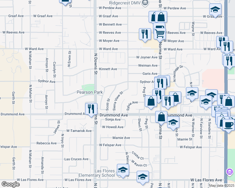 map of restaurants, bars, coffee shops, grocery stores, and more near 1031 Sierra View Street in Ridgecrest