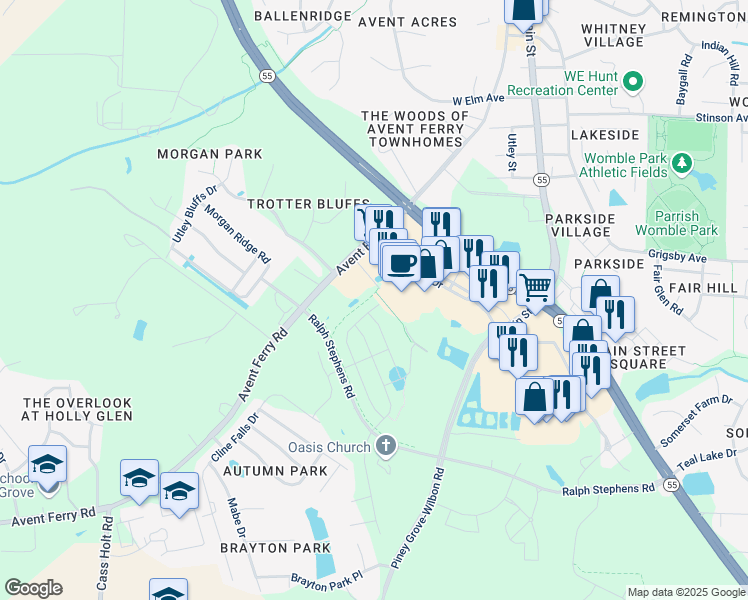 map of restaurants, bars, coffee shops, grocery stores, and more near 308 Village Walk Drive in Holly Springs