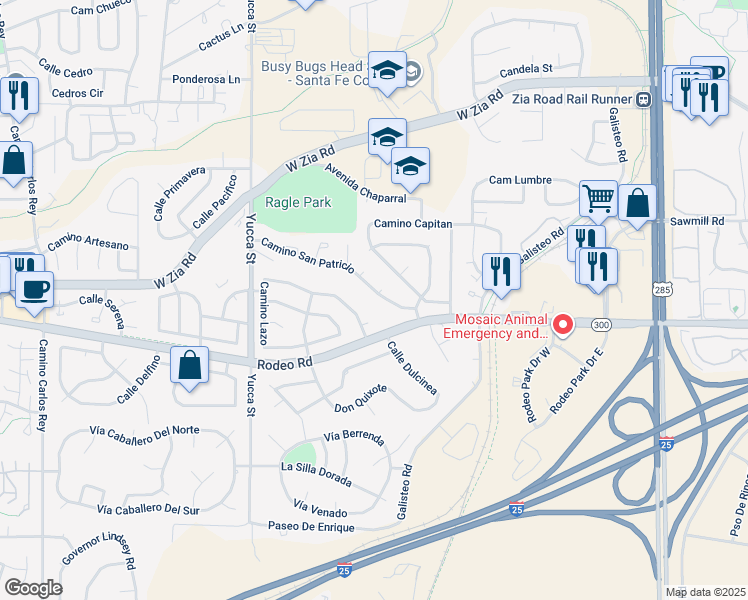 map of restaurants, bars, coffee shops, grocery stores, and more near 2522 Camino San Patricio in Santa Fe