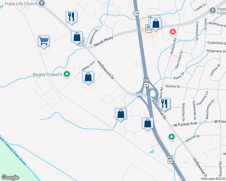 map of restaurants, bars, coffee shops, grocery stores, and more near 1634 Hollywood Drive in Jackson