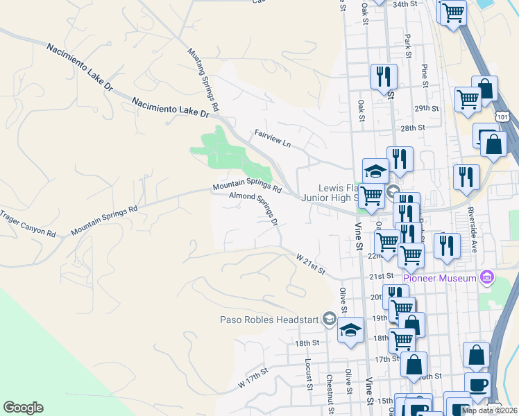 map of restaurants, bars, coffee shops, grocery stores, and more near 2261 Almond Springs Drive in Paso Robles