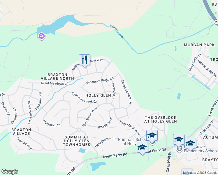 map of restaurants, bars, coffee shops, grocery stores, and more near 209 Sycamore Ridge Lane in Holly Springs