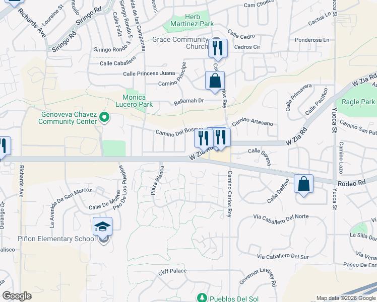 map of restaurants, bars, coffee shops, grocery stores, and more near 2892 Calle De Pinos Altos in Santa Fe