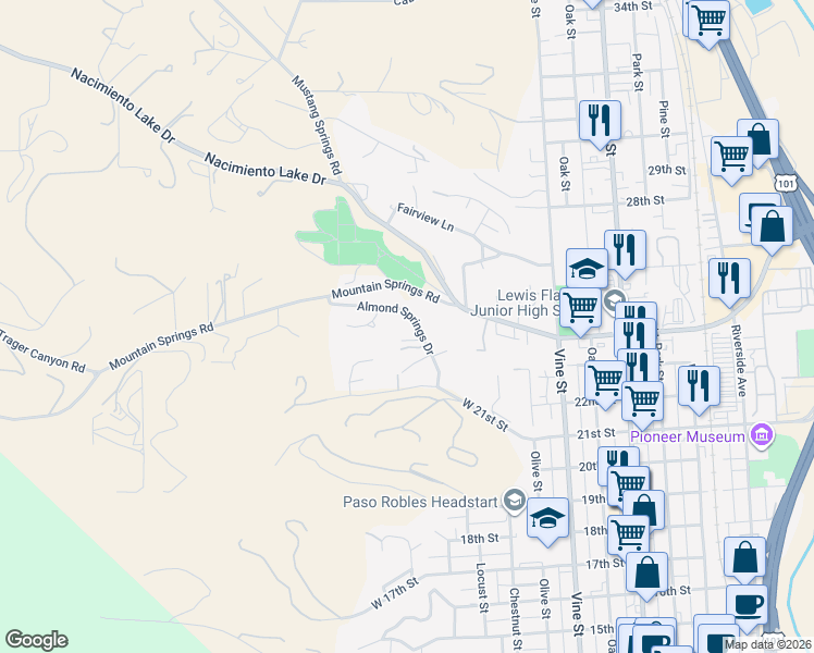 map of restaurants, bars, coffee shops, grocery stores, and more near 2261 Almond Springs Drive in Paso Robles