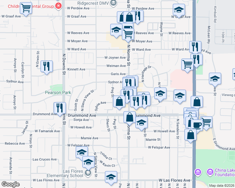 map of restaurants, bars, coffee shops, grocery stores, and more near 1038 Peg Street in Ridgecrest