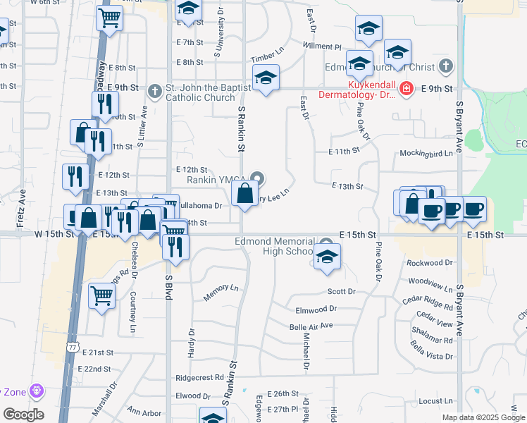 map of restaurants, bars, coffee shops, grocery stores, and more near 600 Mary Lee Lane in Edmond