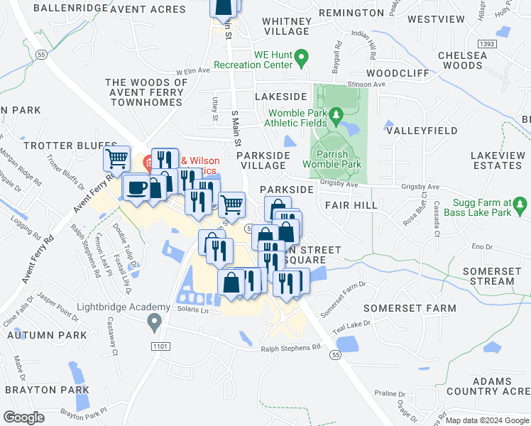 map of restaurants, bars, coffee shops, grocery stores, and more near 6025 Kentworth Drive in Holly Springs