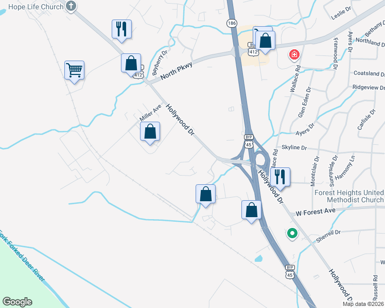 map of restaurants, bars, coffee shops, grocery stores, and more near 1634 Hollywood Drive in Jackson