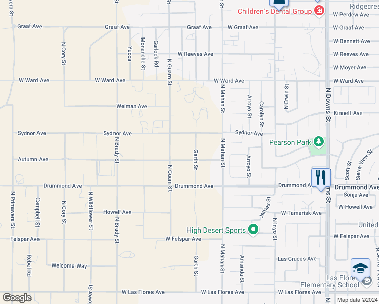 map of restaurants, bars, coffee shops, grocery stores, and more near 1009 North Garth Street in Ridgecrest
