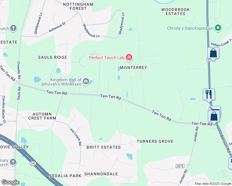 map of restaurants, bars, coffee shops, grocery stores, and more near 10521 Ten-Ten Road in Raleigh