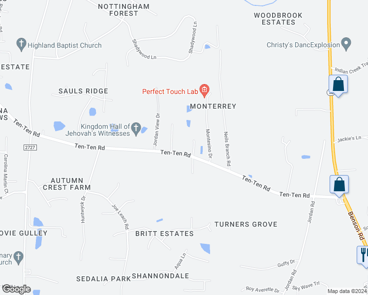map of restaurants, bars, coffee shops, grocery stores, and more near 10521 Ten-Ten Road in Raleigh