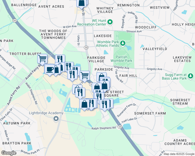 map of restaurants, bars, coffee shops, grocery stores, and more near 6021 Kentworth Drive in Holly Springs