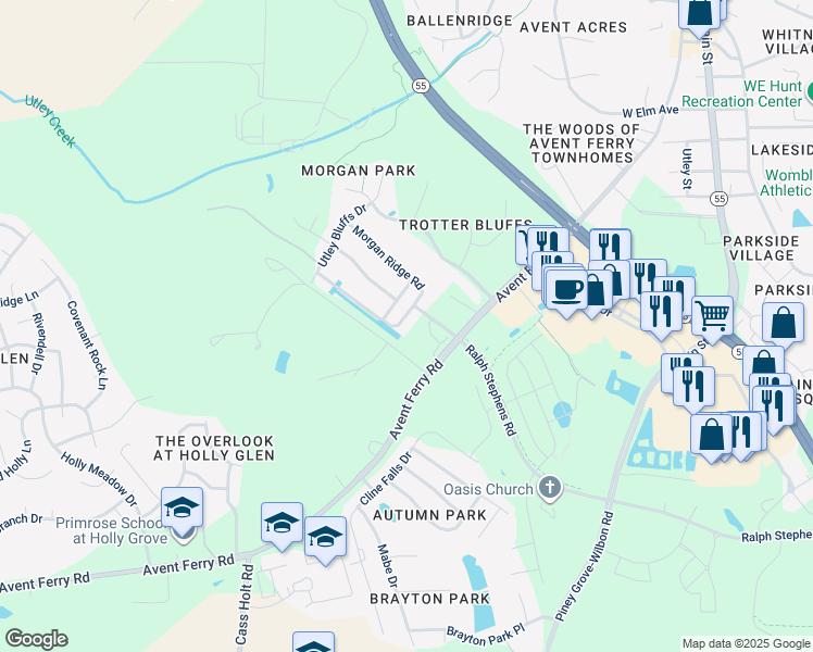 map of restaurants, bars, coffee shops, grocery stores, and more near 312 Morgan Ridge Road in Holly Springs
