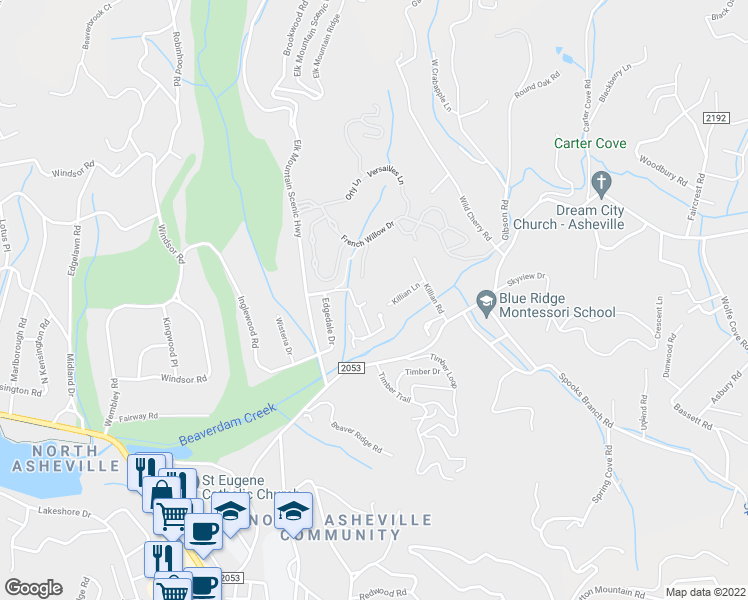 map of restaurants, bars, coffee shops, grocery stores, and more near 33 Tsali Trail in Asheville