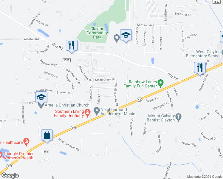 map of restaurants, bars, coffee shops, grocery stores, and more near 228 Breezewood Lane in Clayton
