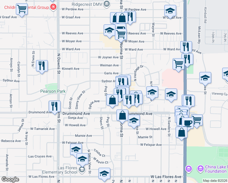 map of restaurants, bars, coffee shops, grocery stores, and more near 1027 North Norma Street in Ridgecrest