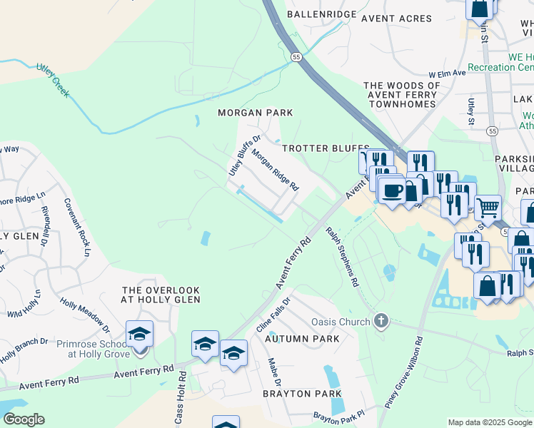 map of restaurants, bars, coffee shops, grocery stores, and more near 400 Morgan Ridge Road in Holly Springs