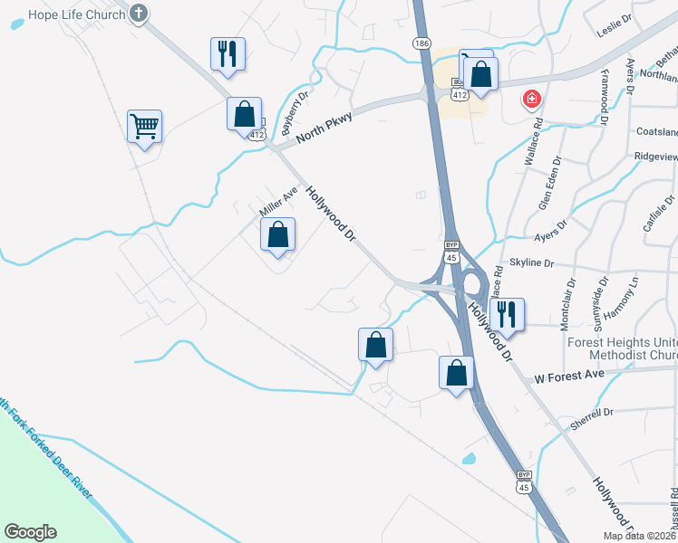 map of restaurants, bars, coffee shops, grocery stores, and more near 1634 Hollywood Drive in Jackson