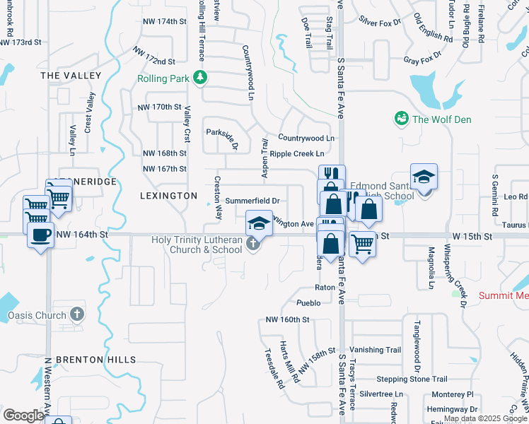 map of restaurants, bars, coffee shops, grocery stores, and more near 2608 Summerfield Drive in Edmond