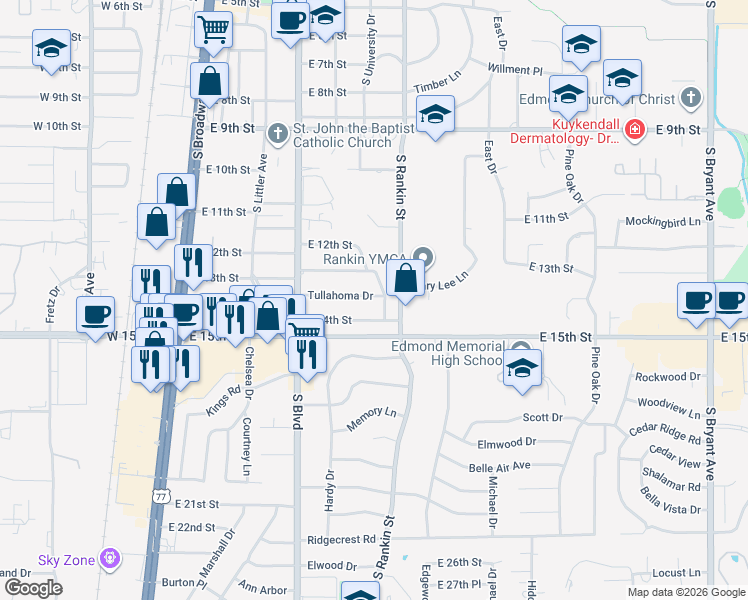 map of restaurants, bars, coffee shops, grocery stores, and more near 1309 Frontier Lane in Edmond