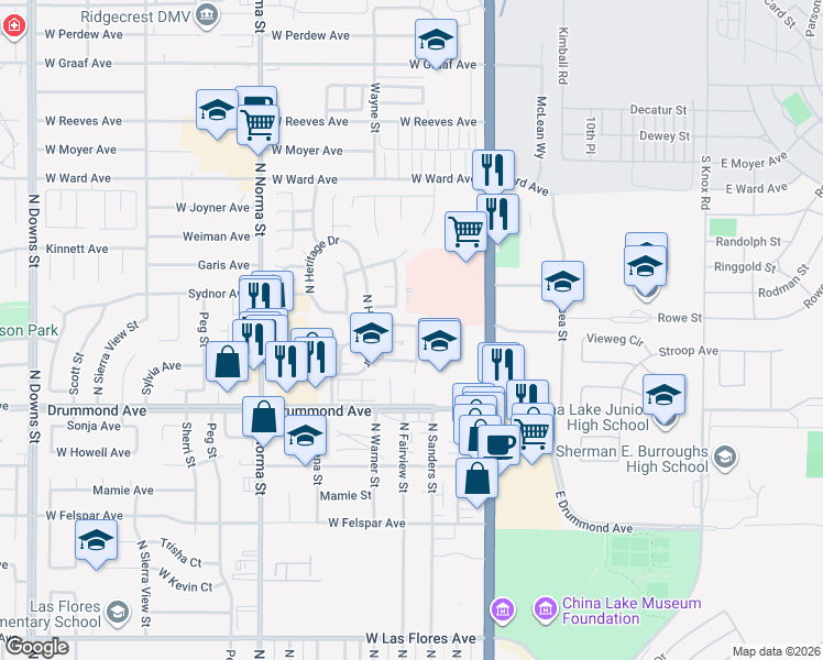 map of restaurants, bars, coffee shops, grocery stores, and more near 224 Washington Way in Ridgecrest