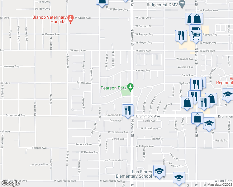 map of restaurants, bars, coffee shops, grocery stores, and more near 921 Hermosa Avenue in Ridgecrest
