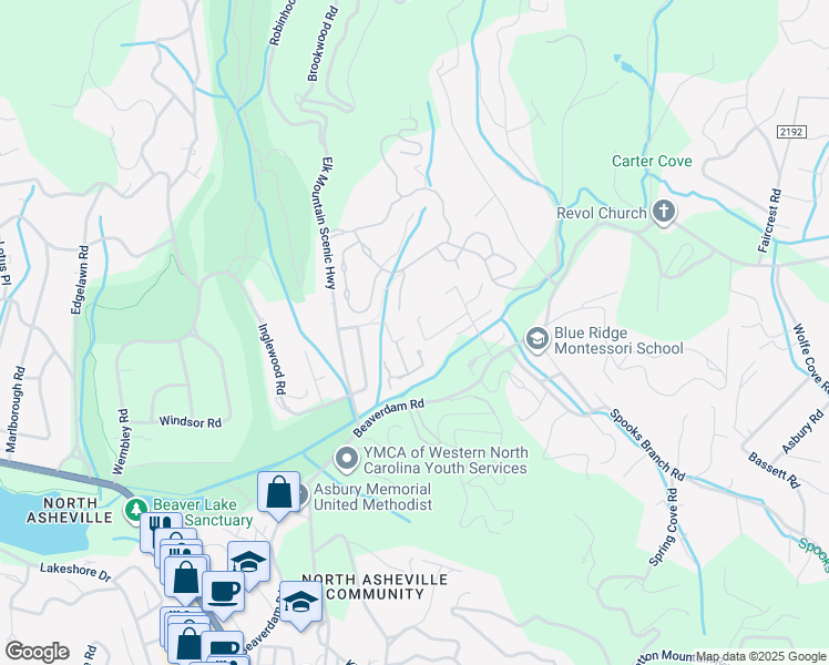 map of restaurants, bars, coffee shops, grocery stores, and more near 33 Tsali Trail in Asheville