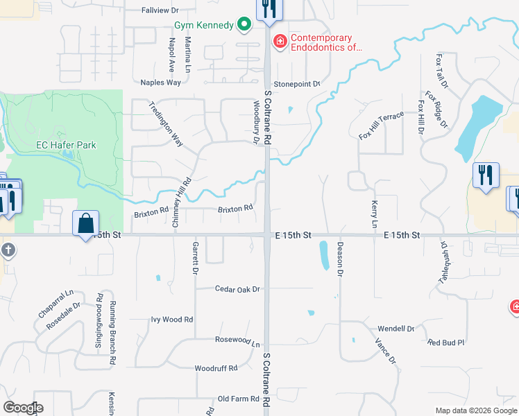 map of restaurants, bars, coffee shops, grocery stores, and more near 1312 Brixton Road in Edmond