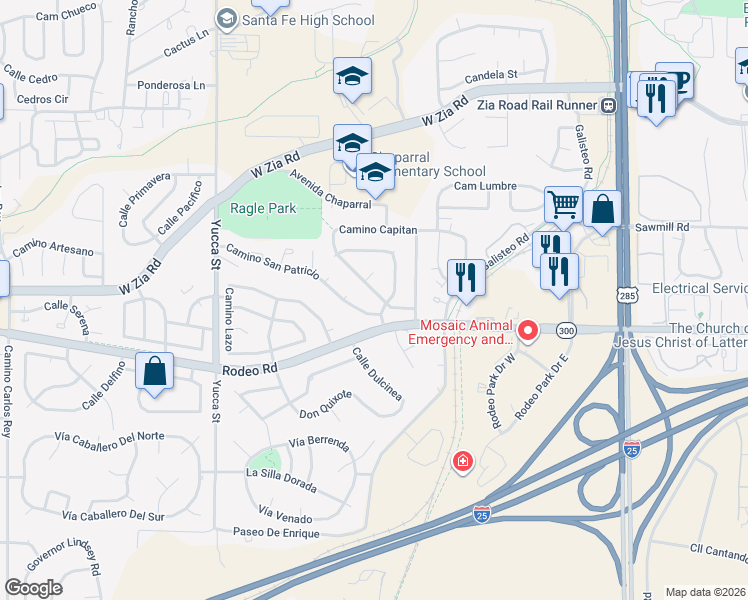 map of restaurants, bars, coffee shops, grocery stores, and more near 2459 Camino Capitan in Santa Fe