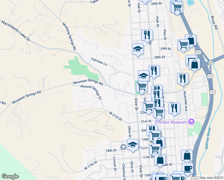 map of restaurants, bars, coffee shops, grocery stores, and more near 204 24th Street in Paso Robles