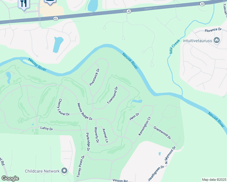 map of restaurants, bars, coffee shops, grocery stores, and more near 137 Townsend Drive in Clayton