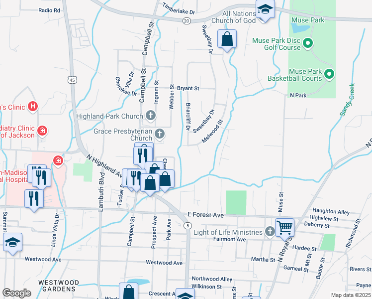 map of restaurants, bars, coffee shops, grocery stores, and more near 101 Melwood Street in Jackson