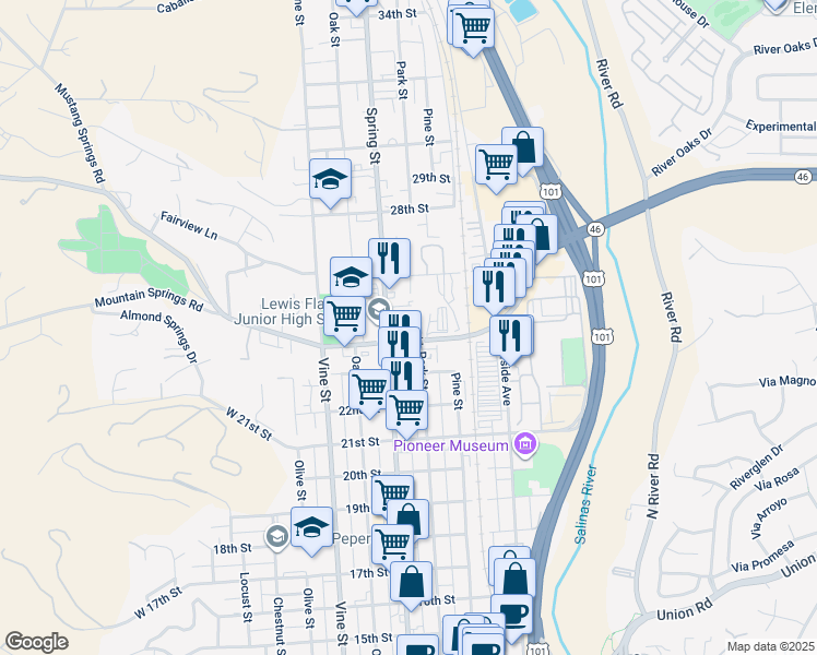 map of restaurants, bars, coffee shops, grocery stores, and more near 715 24th Street in Paso Robles