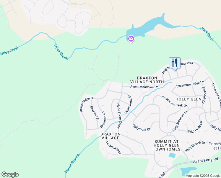 map of restaurants, bars, coffee shops, grocery stores, and more near 1501 Dexter Ridge Drive in Holly Springs