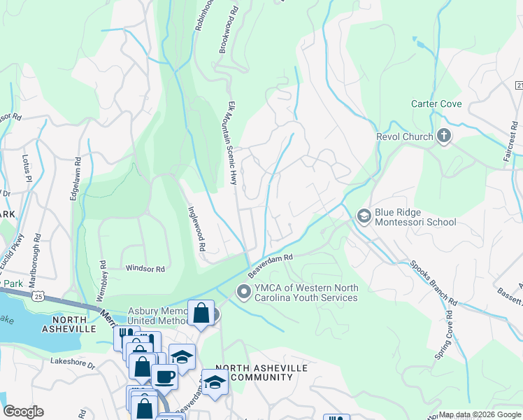 map of restaurants, bars, coffee shops, grocery stores, and more near 21 Evian Court in Asheville