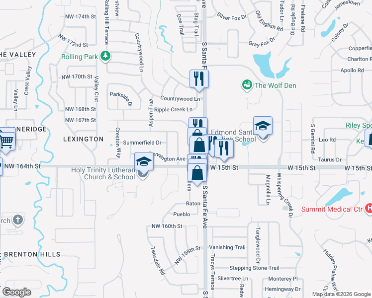map of restaurants, bars, coffee shops, grocery stores, and more near 1316 Pennington Avenue in Edmond