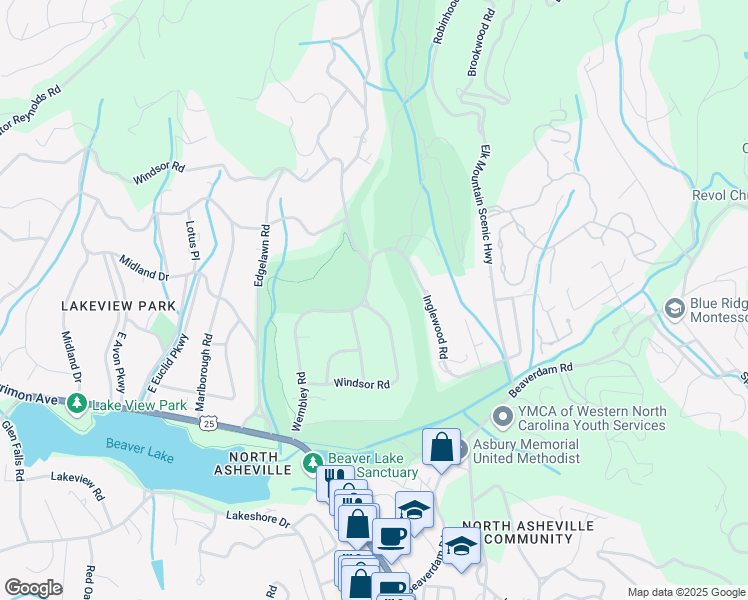 map of restaurants, bars, coffee shops, grocery stores, and more near 161 Windsor Road in Asheville
