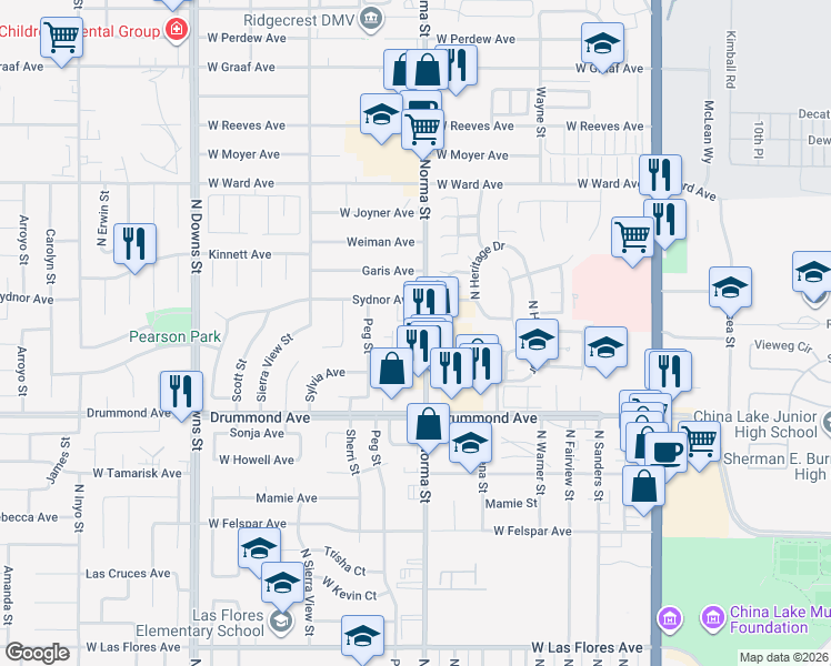 map of restaurants, bars, coffee shops, grocery stores, and more near 1027 North Norma Street in Ridgecrest