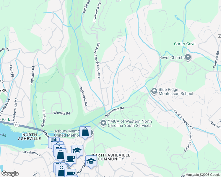 map of restaurants, bars, coffee shops, grocery stores, and more near 21 Evian Court in Asheville