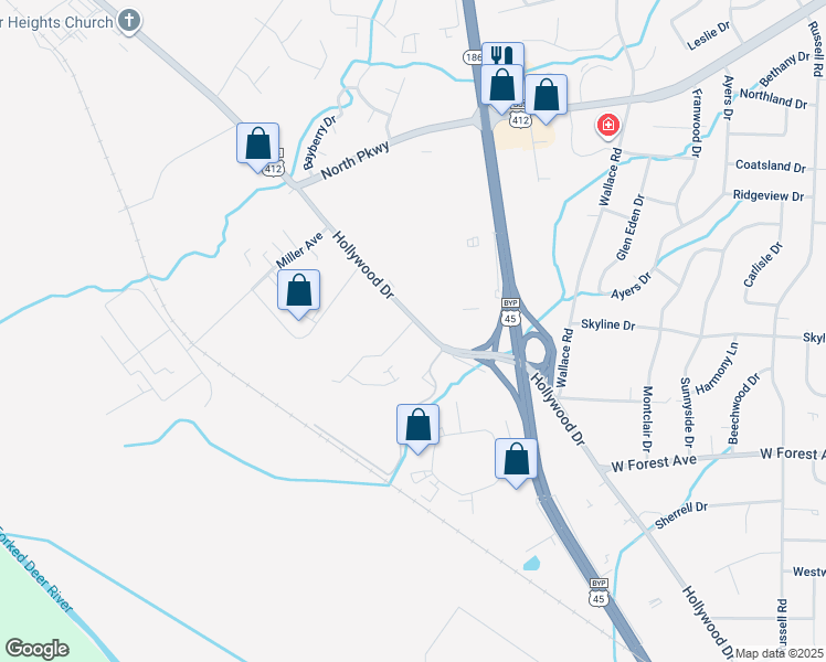 map of restaurants, bars, coffee shops, grocery stores, and more near 1618 Hollywood Drive in Jackson