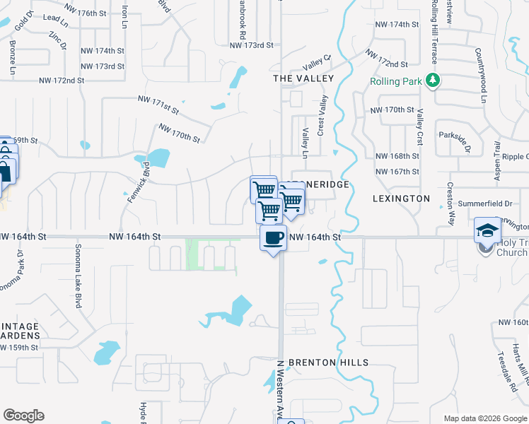 map of restaurants, bars, coffee shops, grocery stores, and more near 1101 Northwest 164th Street in Edmond