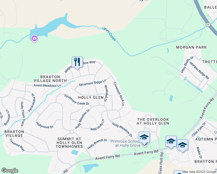 map of restaurants, bars, coffee shops, grocery stores, and more near 217 Rivendell Drive in Holly Springs