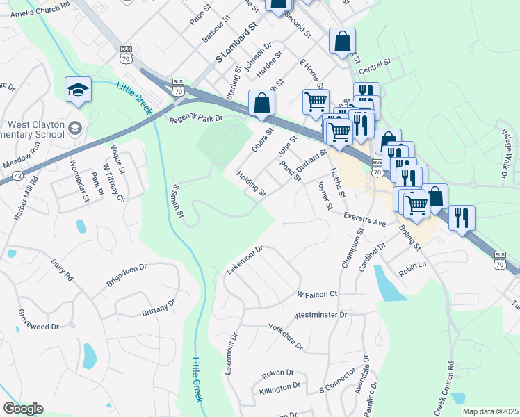 map of restaurants, bars, coffee shops, grocery stores, and more near 815 Durham Street in Clayton